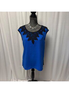 Brixon Ivy Womens Blue Blouse Size Medium Black Lace Neck Sleeveless Top